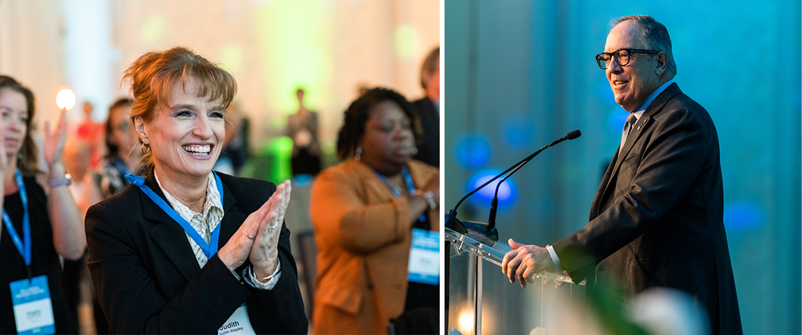 Attendees at annual business meeting | photo of Bayliss Ward at podium.
