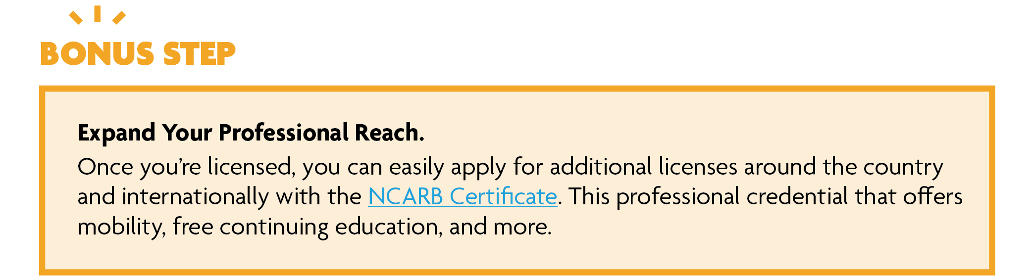 Bonus step: Expand your professional reach. Once you’re licensed, you can easily apply for additional licenses around the country and internationally with the NCARB Certificate. This professional credential offers mobility, free continuing education, and more.