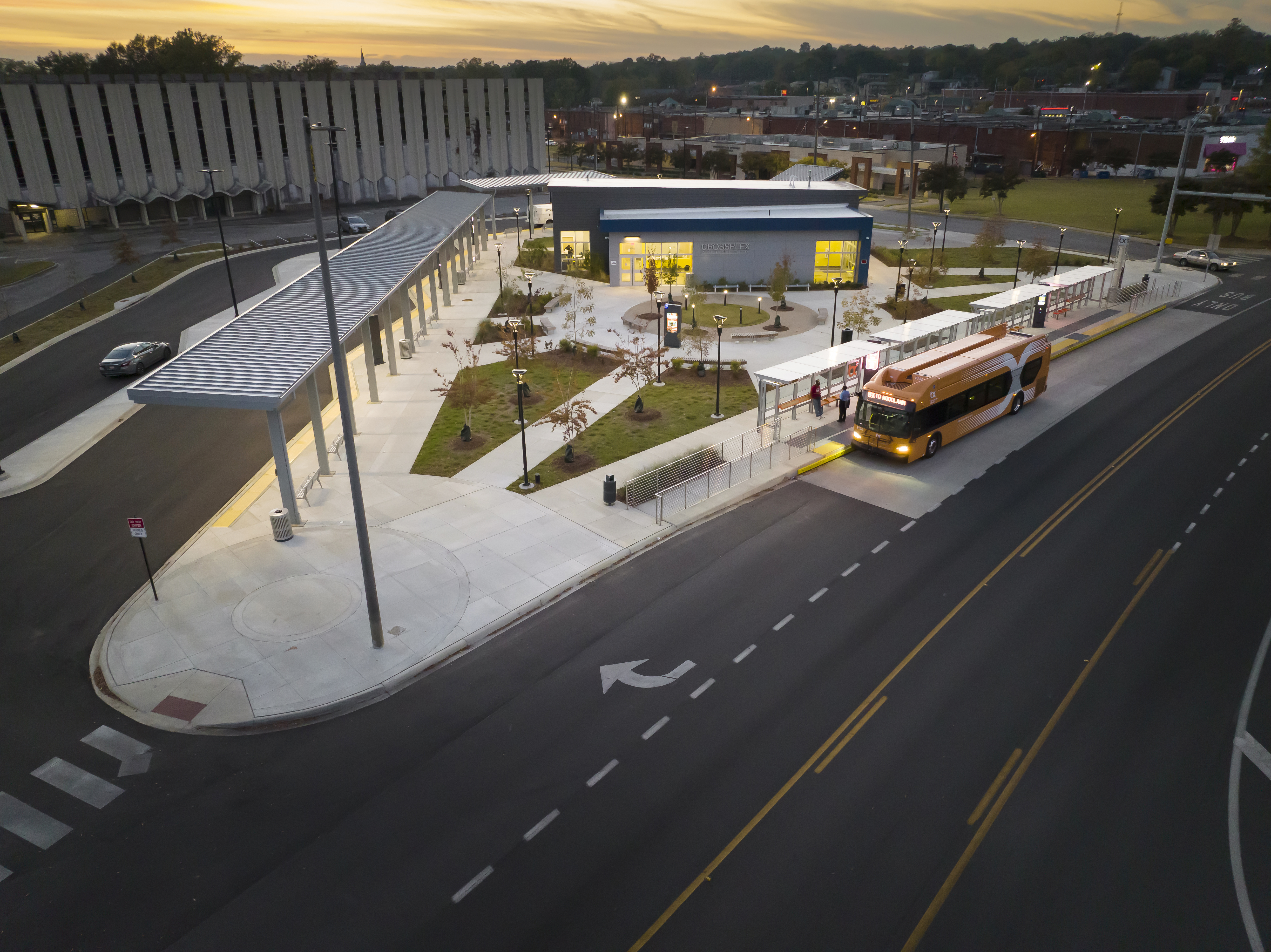 Aerial photo of the Birmingham Xpress (BX) Rapid Transit Center, with buses circling around it.