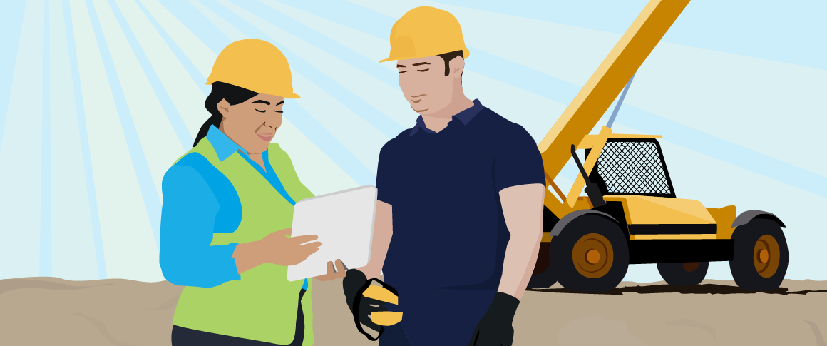 Graphic of two people with hard hats on a construction site with a crane behind them.