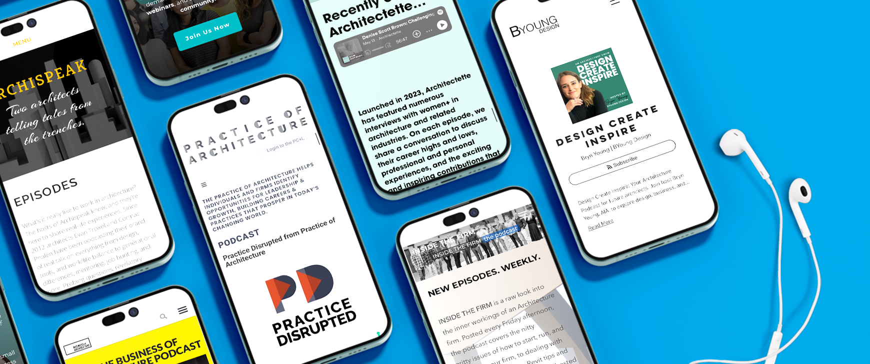 A group of phones showing top podcast accounts. 