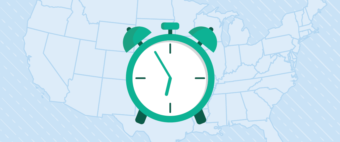 A map of the United States with a clock in front. 