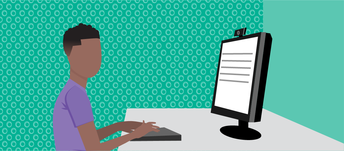 Illustration of a man sitting at a desk, typing on a keyboard and looking at a computer monitor.