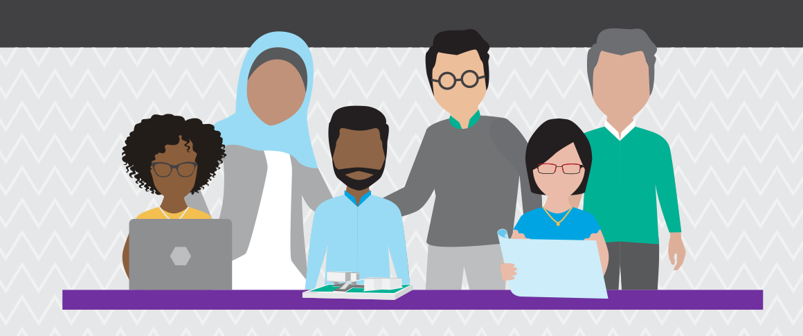 Graphic of diverse architects working together with laptops and a building model
