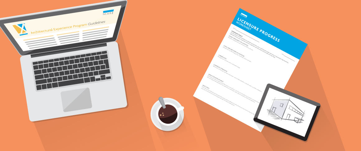 Licensure Progress Worksheet: Graphic representation of a laptop, cup of coffee, Licensure Progress Worksheet, and tablet with rendering on it.