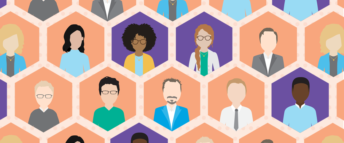 graphics of people's heads in a variety of races/ethnicities framed by hexagons