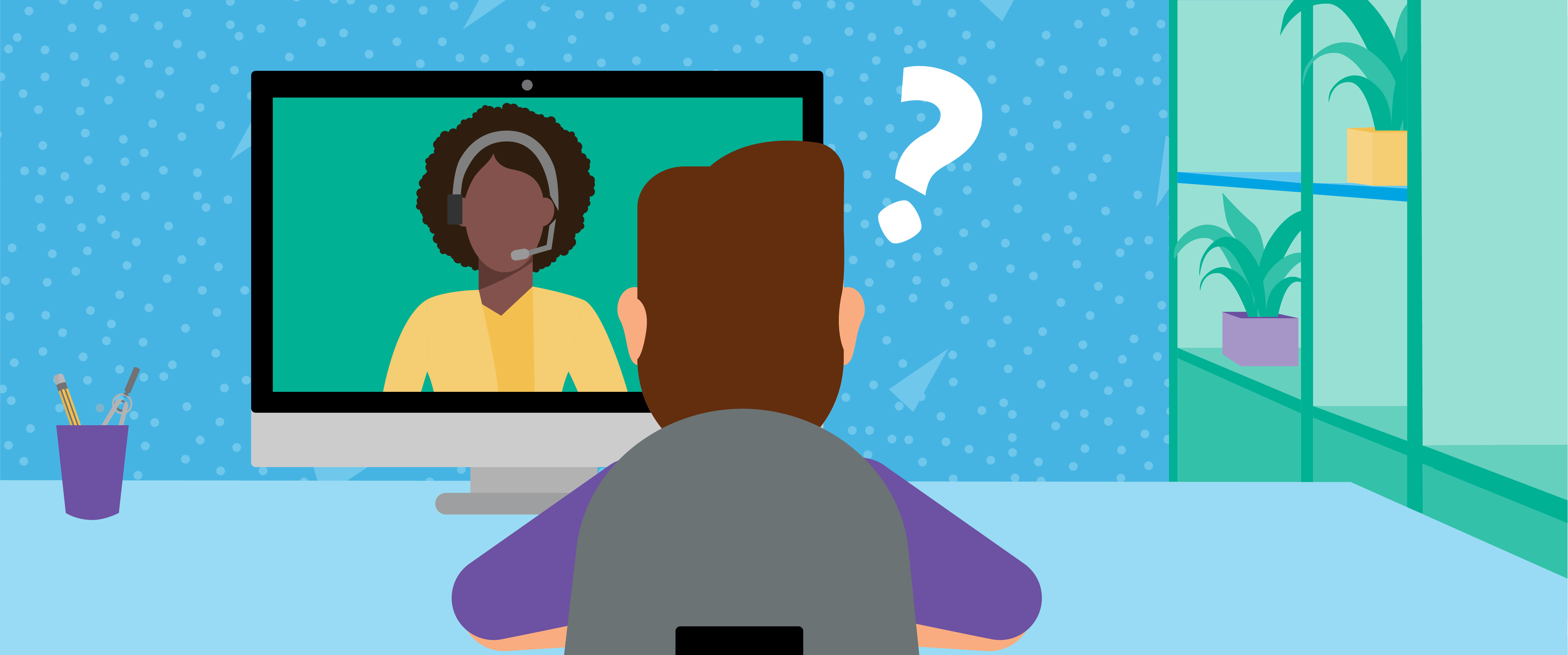 Illustration showing the back of a candidate's head as he looks at a computer screen featuring an online proctor. There is a question mark above the candidate's head.