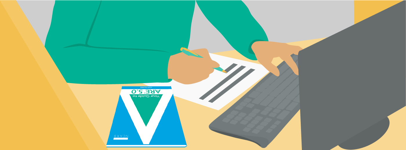 Image of person in a green sweater studying for a test at a desk, with a computer and piece of paper in front of him. Also on the desk is NCARB's "Your Guide to ARE 5.0" brochure. 