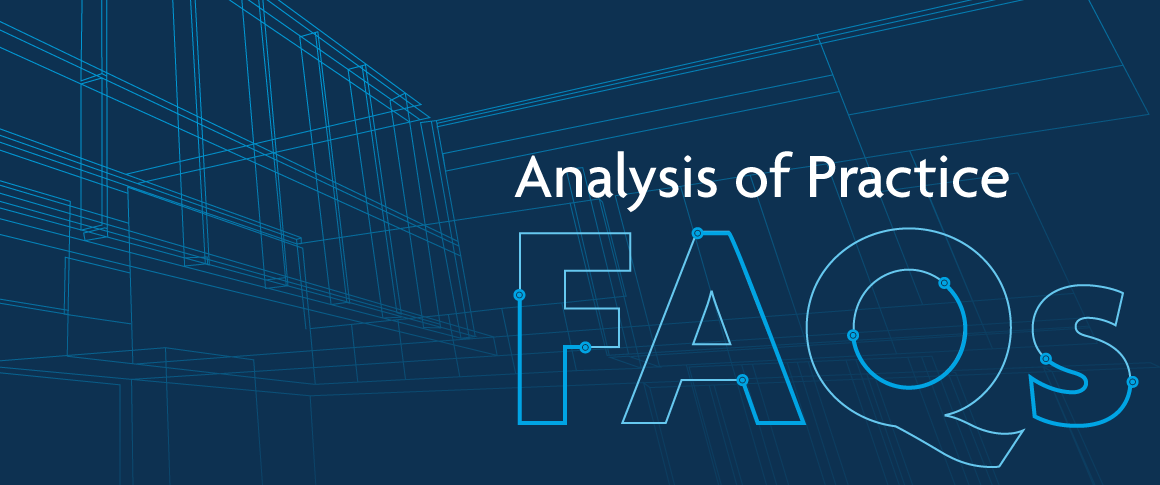 Graphic with blue background and text that reads "Analysis of Practice FAQs"