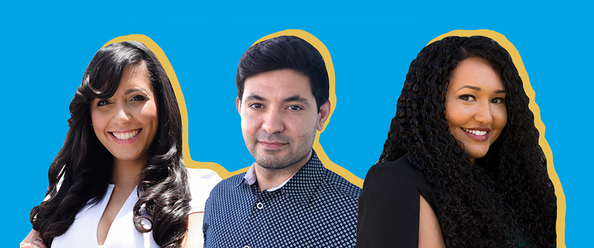 Cut out headshots of Gloria Kloter, Vincenzo Cubas, and Sara Yehia against a blue background. 