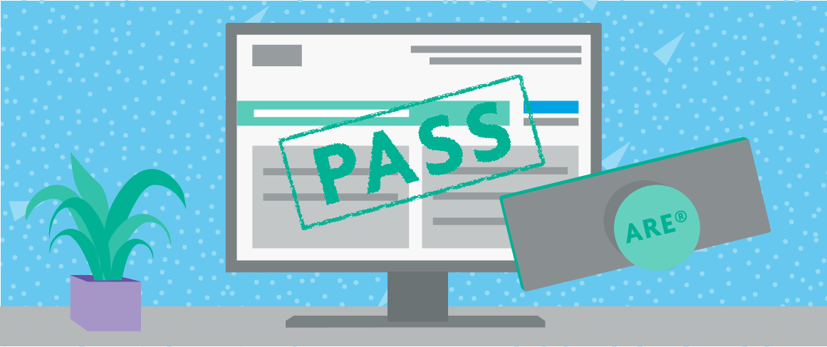 A computer shows a passing score on the ARE. 