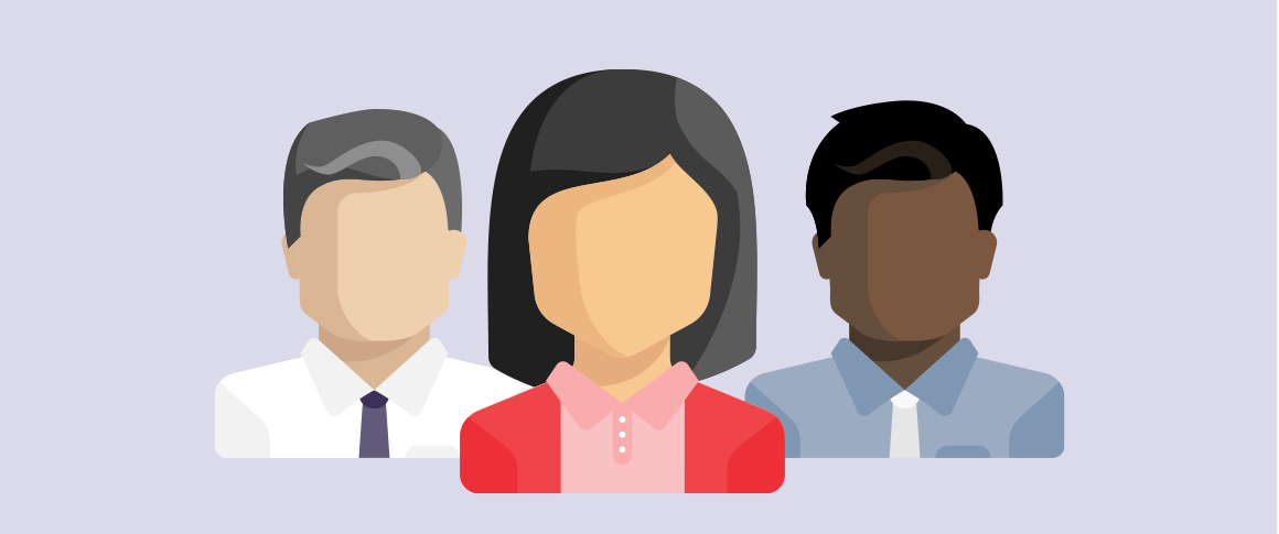 Illustration of three older candidates against a light purple background. 