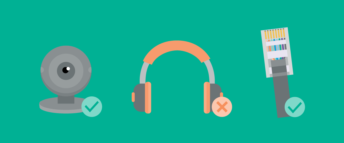 Graphic of a webcam and ethernet cord with a green check mark, and a pair of headphones with an orange x mark. 