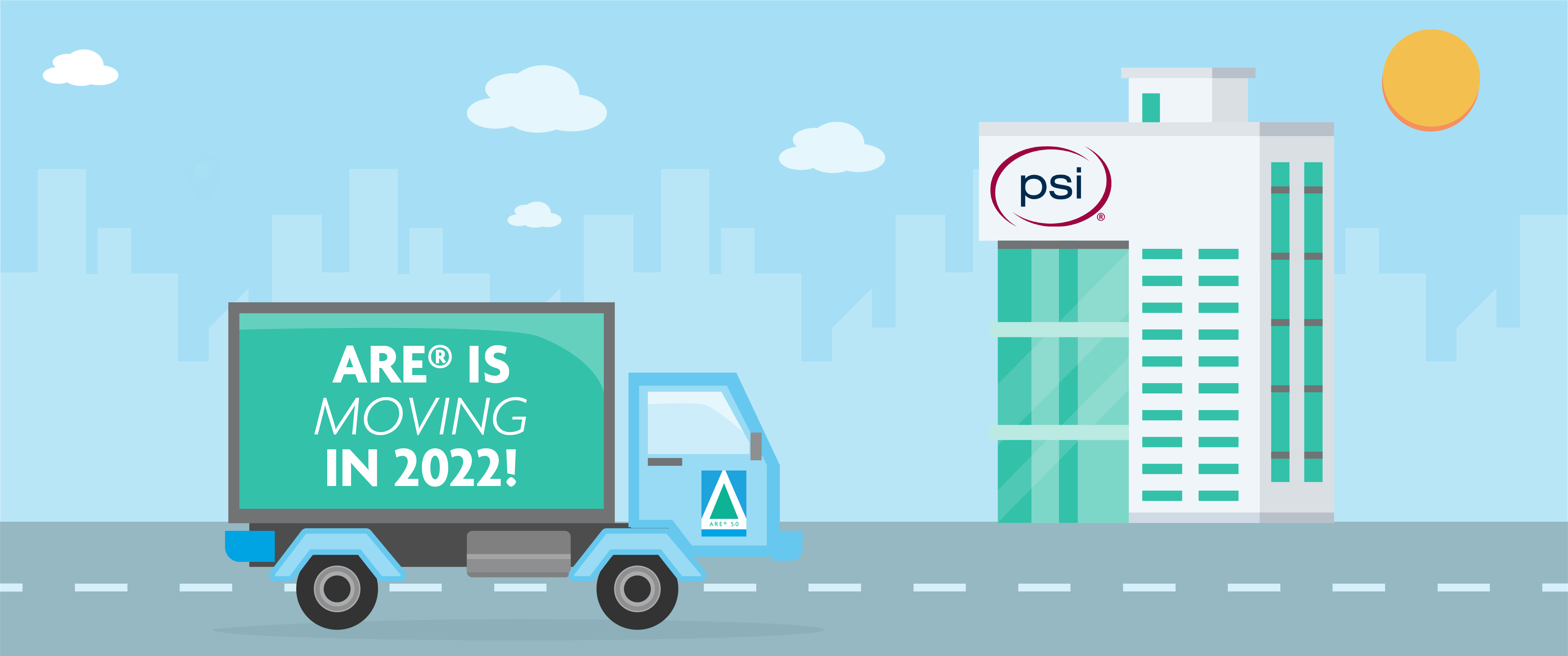 Moving truck with the ARE logo heads toward a building with a PSI logo. 