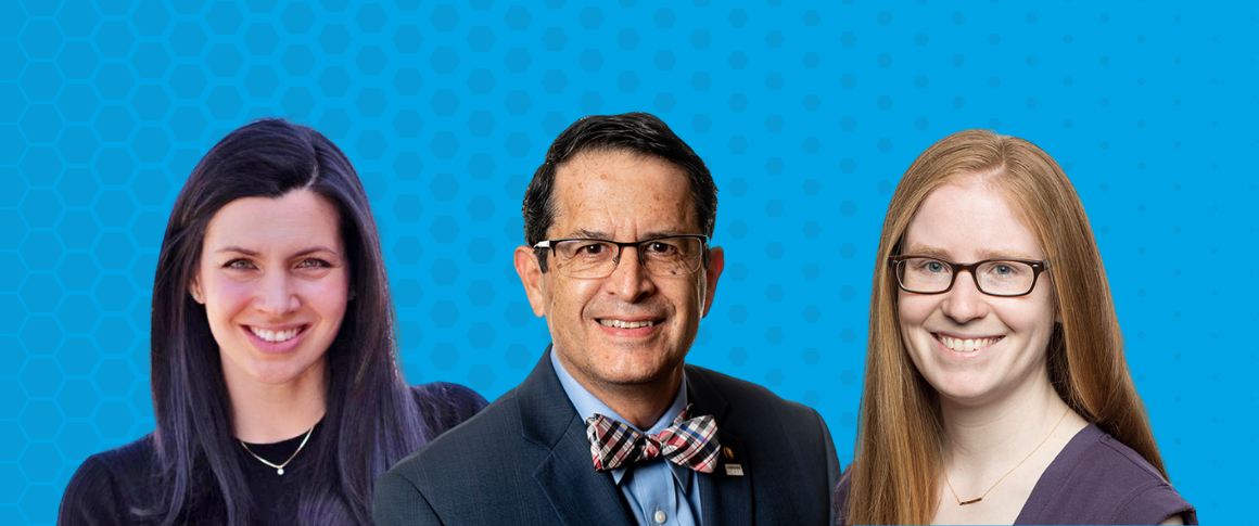 Headshots of Dena, Alfred, and Katherine against a blue background. 