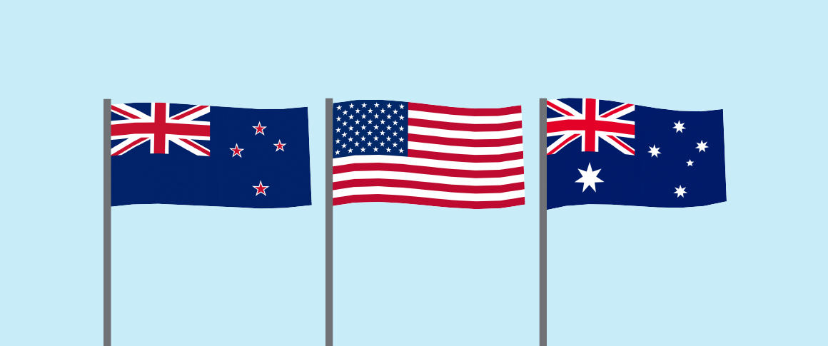 The New Zealand, U.S. and Australian flags.