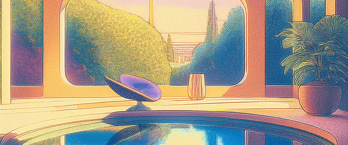 A futuristic looking living room, including a swivel chair, pond, and landscape with futuristic buildings in the background.