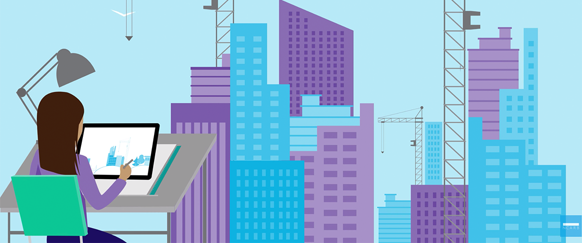 Graphic of architect drawing with buildings in background.