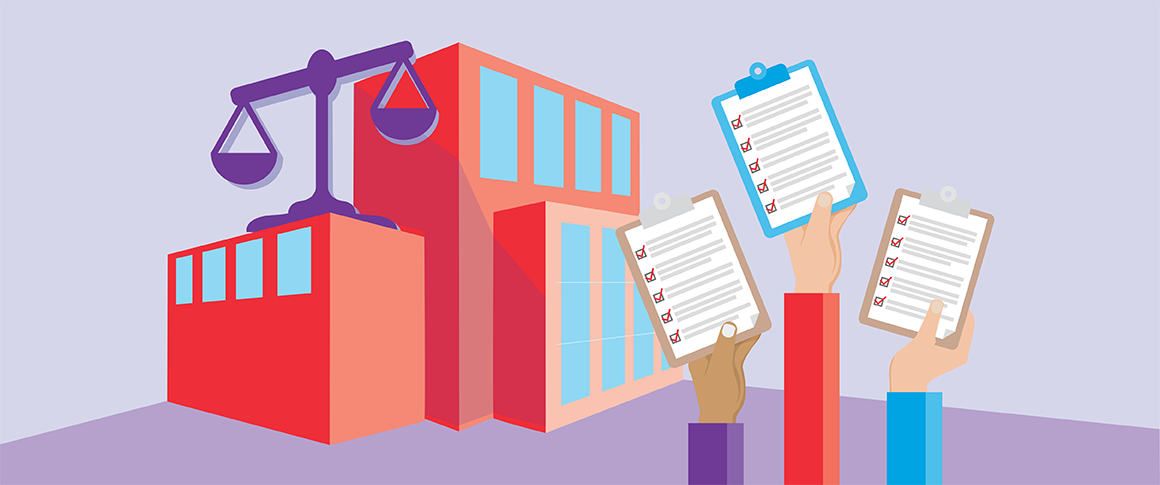 An illustration of hands holding clipboards in front of an architecture firm office. 