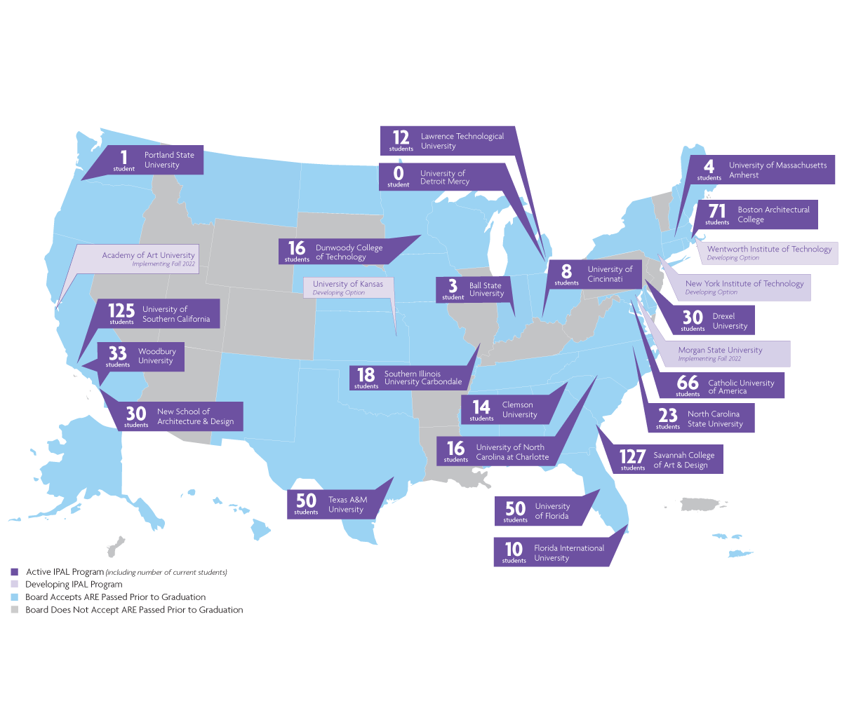 Image description: A map of the United States shows IPAL options by location, including the number of students. Read a full list of the programs, including location and enrollment numbers, under the header "IPAL Programs."