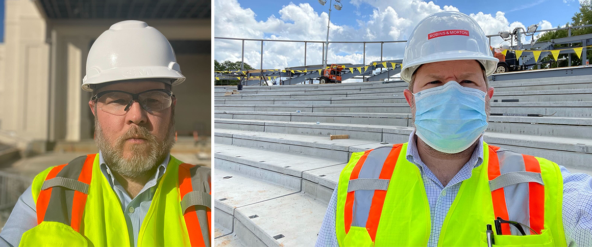 Josh Arcurio wears a construction hat at a project site. 