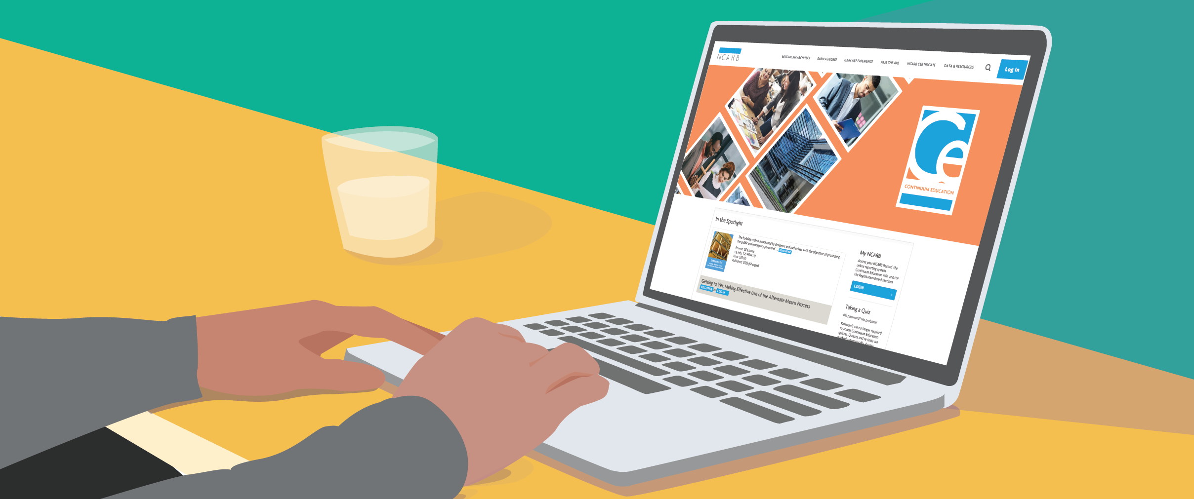 Graphic of architect sitting at a desk with NCARB's CE website displayed on a laptop