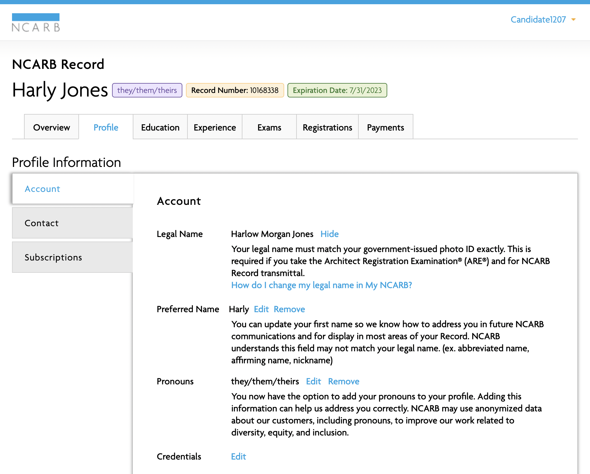 Screenshot of the profile page in an NCARB Record.