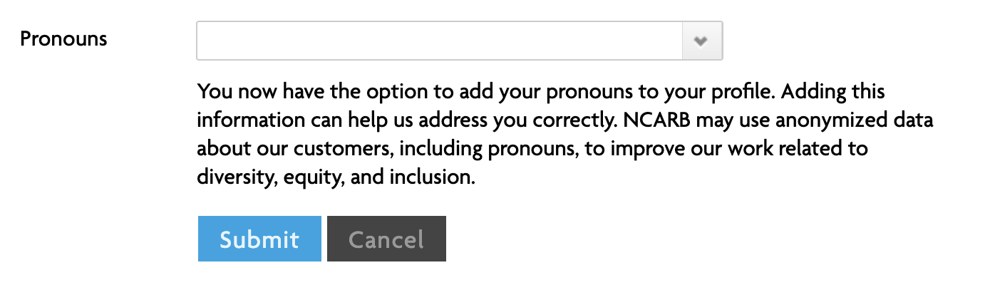 Screenshot of the pronoun feature in My NCARB.