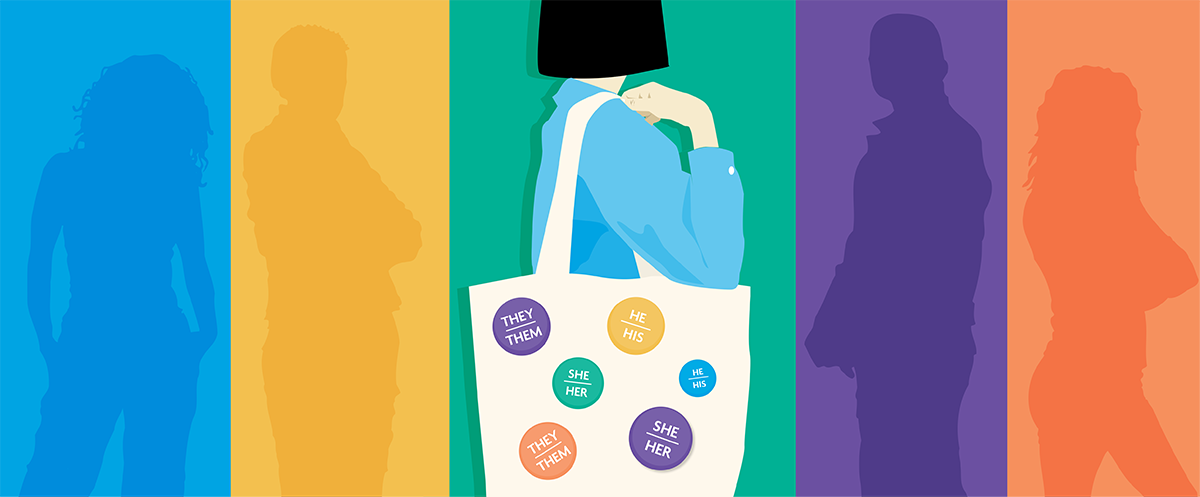 Person holds a tote bag with pronoun pins attached. 