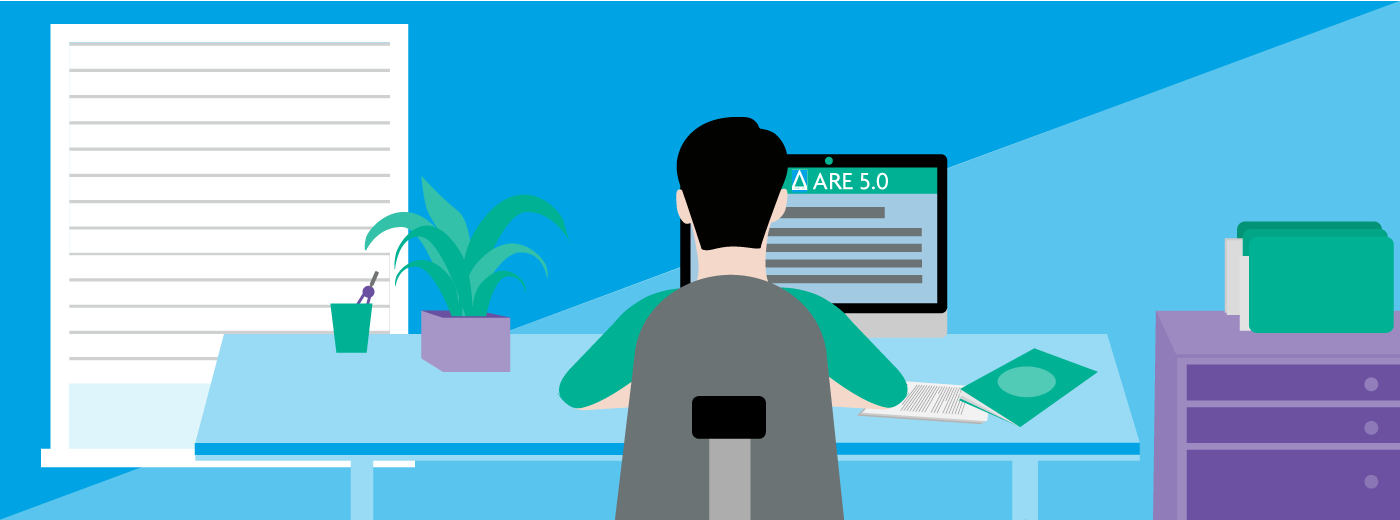 Illustration of a person studying for ARE 5.0 on a computer while sitting at a desk. 