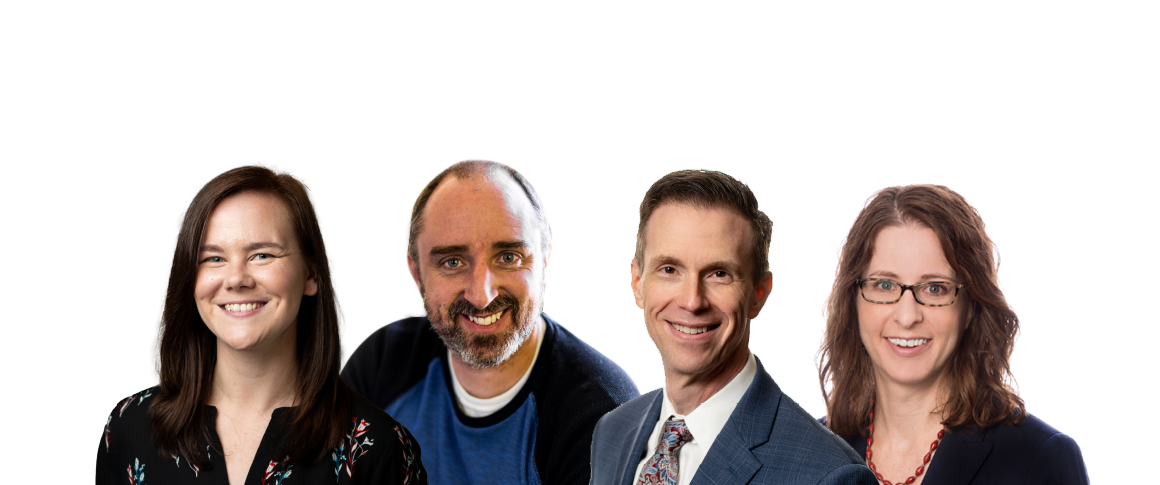 Side by side headshots of Khris Kirk, Evan Berger, Jared Zurn, and Michelle Cohn.