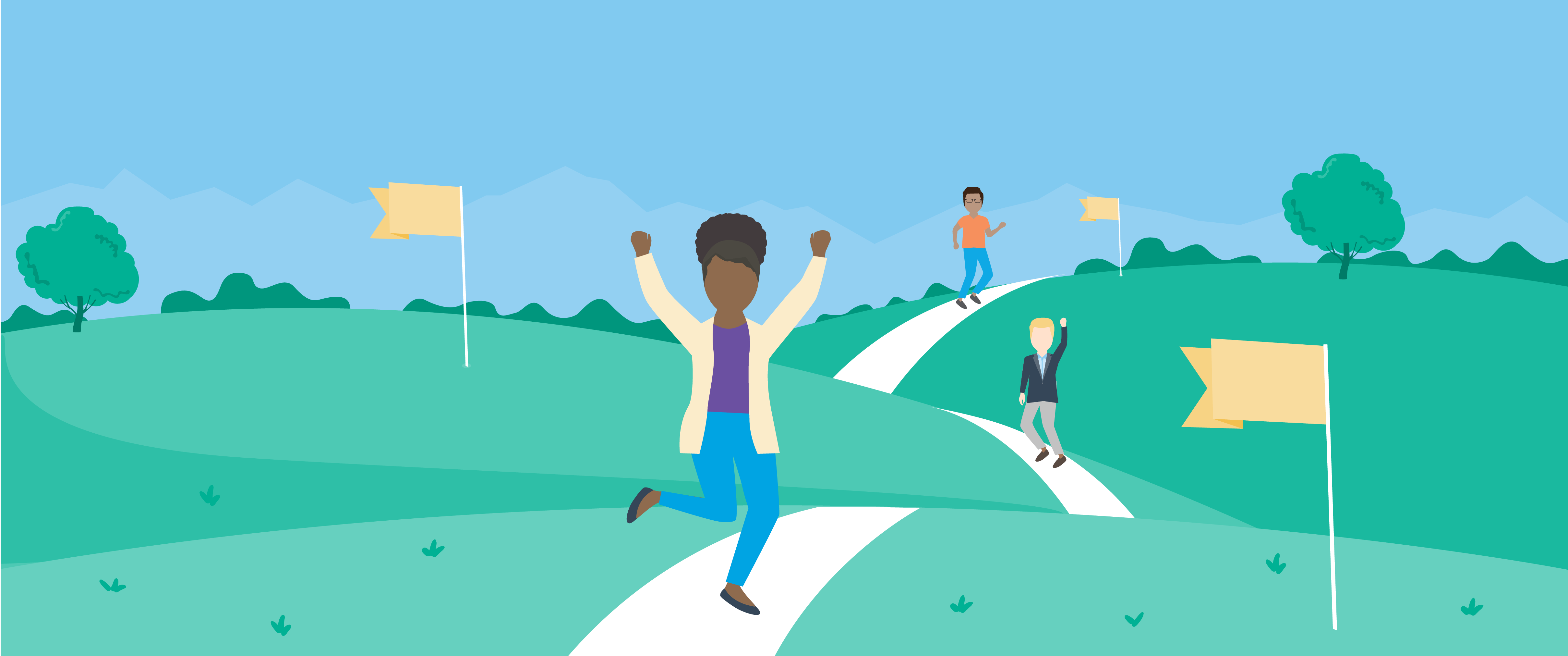 Graphic of people walking down a path and reaching the finish line.