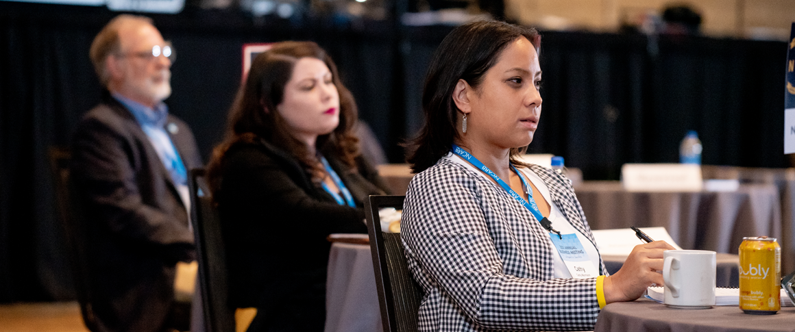 Three member board members watch a presentation during NCARB's 2021 Annual Business Meeting.
