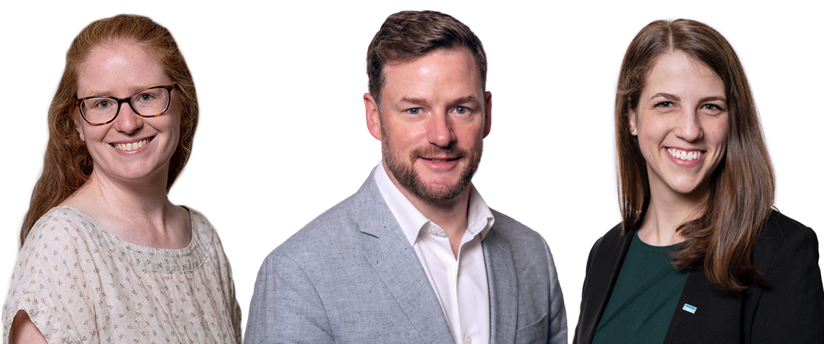 Headshots of Katherine Matthews, Andy McIntyre, and Jenny Kawecki against a white background. 