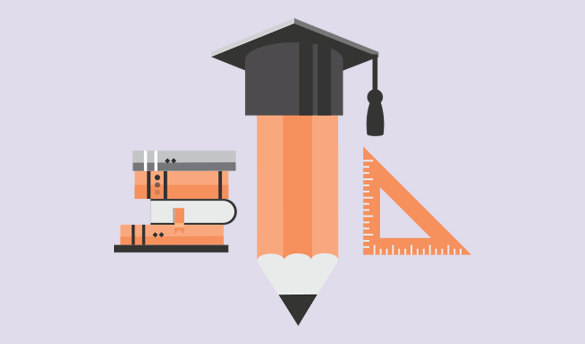 Image of a pencil, books, and graduation cap. 