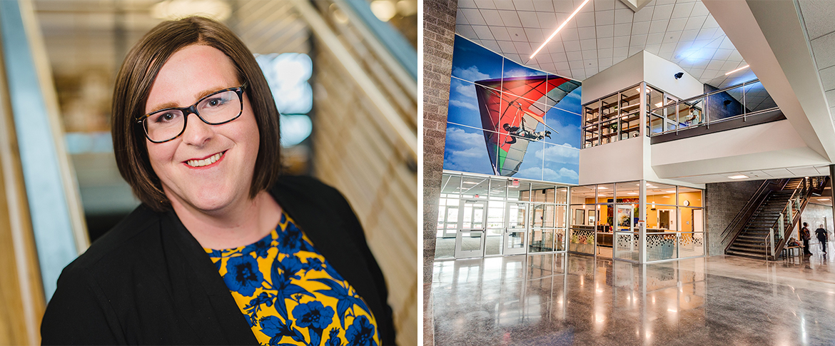 A headshot of Julia Oderda smiling at the camera, side-by-side with an interior shot of Odyssey school.