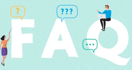 An illustration of the letters "FAQ" on a light green background. 