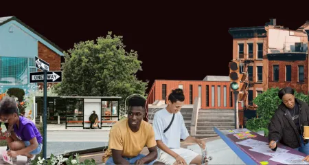 Graphic featuring Black architects collaborating in an urban setting.