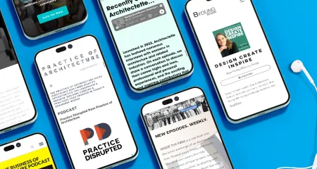 A group of phones showing top podcast accounts. 
