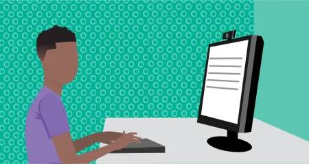 Illustration of a man sitting at a desk, typing on a keyboard and looking at a computer monitor.