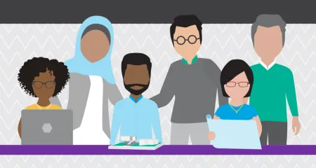 Graphic of diverse architects working together with laptops and a building model