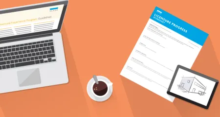 Licensure Progress Worksheet: Graphic representation of a laptop, cup of coffee, Licensure Progress Worksheet, and tablet with rendering on it.