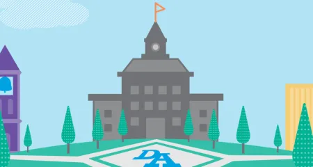 Destination Architect Education: Graphic showing college campus with the letters "D" and "A" at the center of the quad to represent Destination Architect.