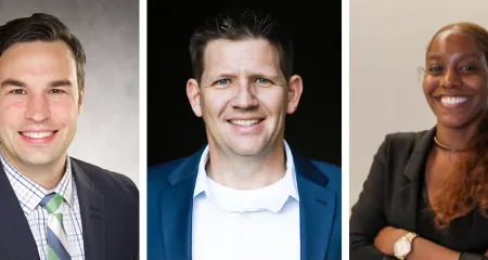 Headshots of Luke Leyden, Bill Nutkins, and Brittney Cosby