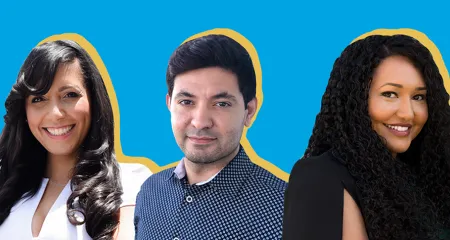 Cut out headshots of Gloria Kloter, Vincenzo Cubas, and Sara Yehia against a blue background. 