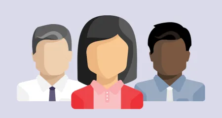 Illustration of three older candidates against a light purple background. 