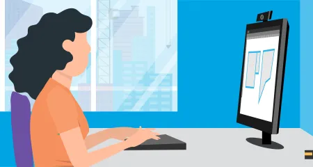 A woman takes an online exam in her home. 
