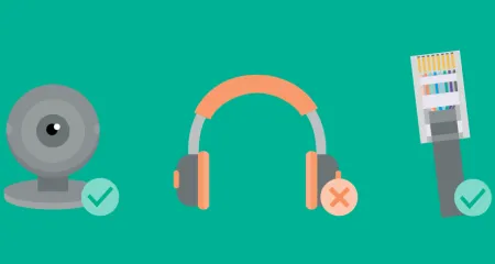 Graphic of a webcam and ethernet cord with a green check mark, and a pair of headphones with an orange x mark. 