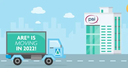 Moving truck with the ARE logo heads toward a building with a PSI logo. 