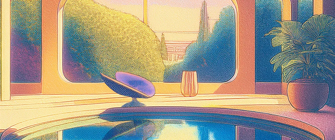 A futuristic looking living room, including a swivel chair, pond, and landscape with futuristic buildings in the background.